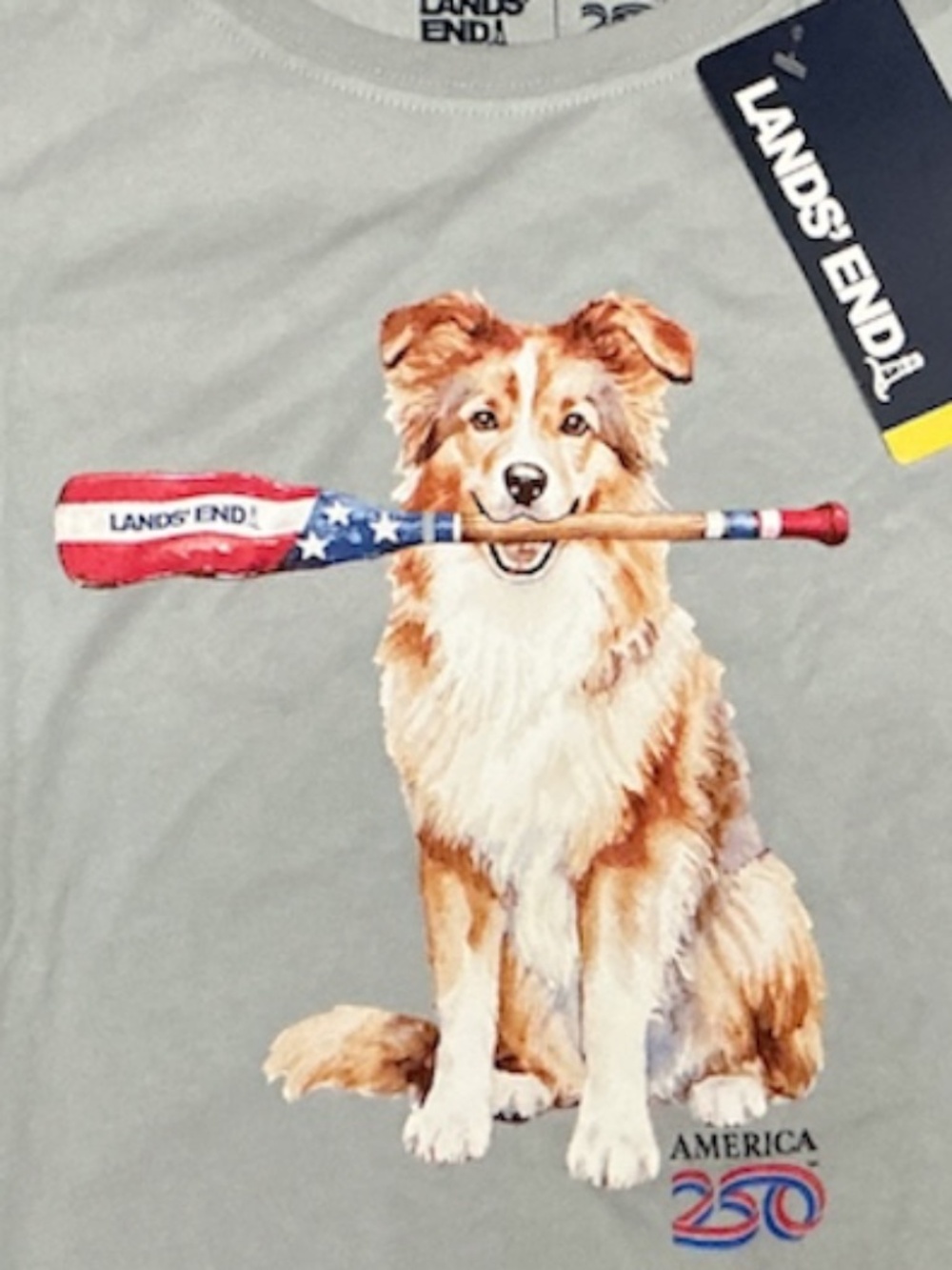 Lands' End Light Gray Short Sleeve Tee with Dog & Patriotic Oar Graphic